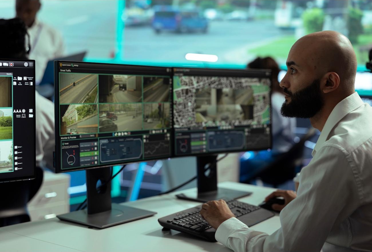 Security operator monitoring multiple live CCTV camera feeds on dual screens in a control room